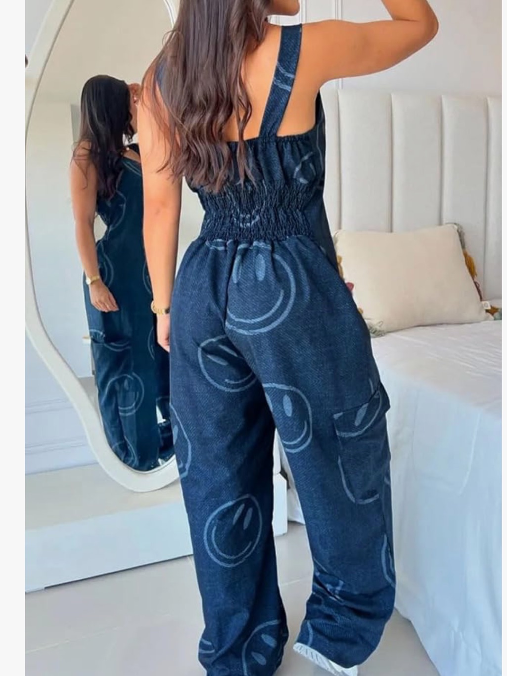 Smiley Print Dark Blue Women's Cargo Jeans Jumpsuit